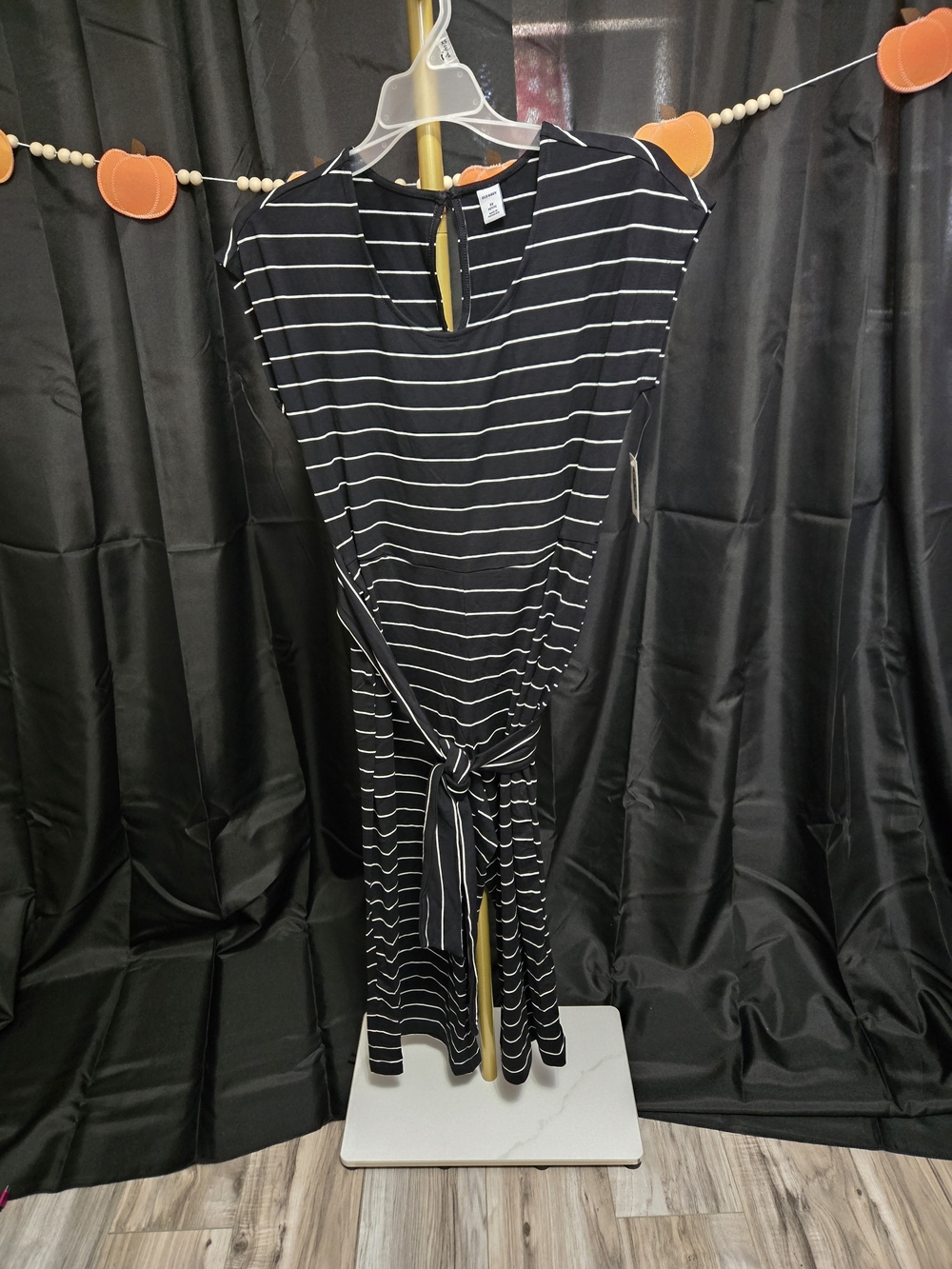 Old Navy Black and White Striped Tie-Waist Midi Dress